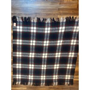 Troy Stadium Blanket Blue Red Plaid Made in USA Acrylic Knit Fringe Vtg